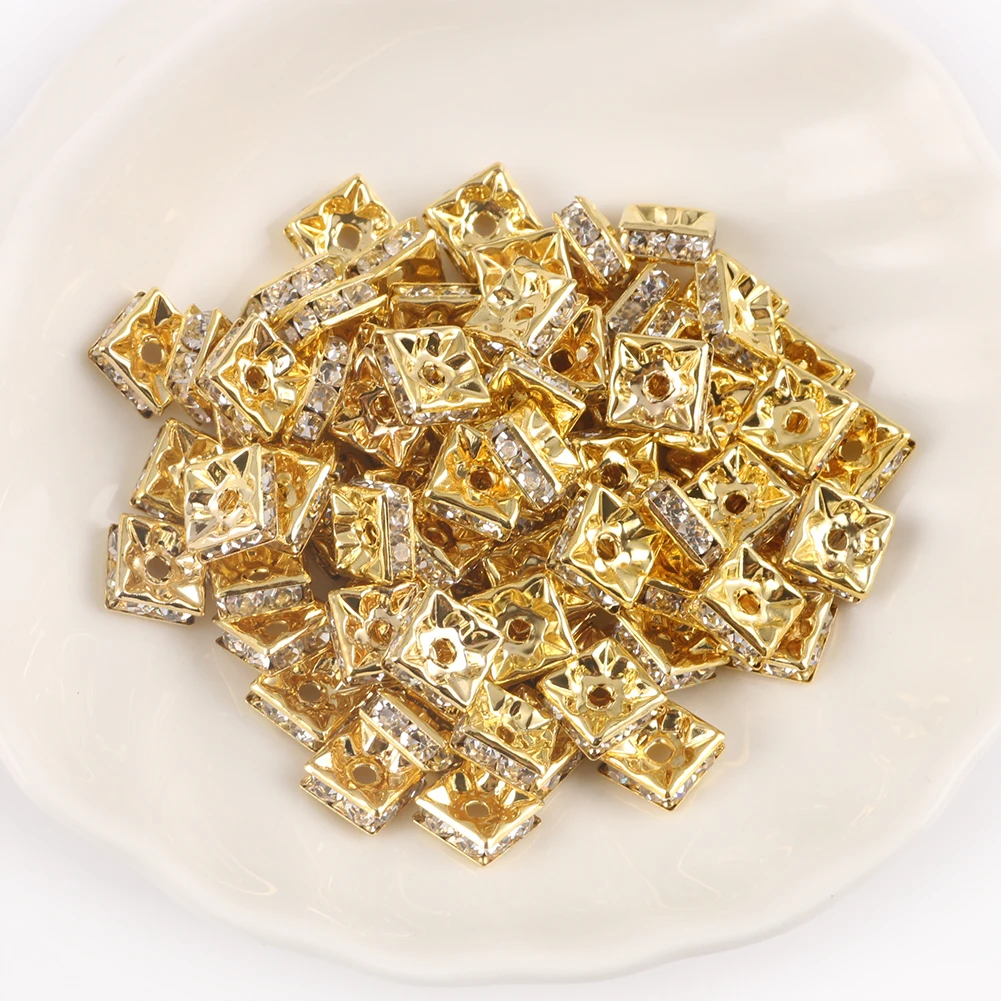 50pcs Square Metal Rhinestone Crystal Rondelle Beads Gold Silver Color 6 8mm Loose Spacer Beads for Jewelry Bracelet Making