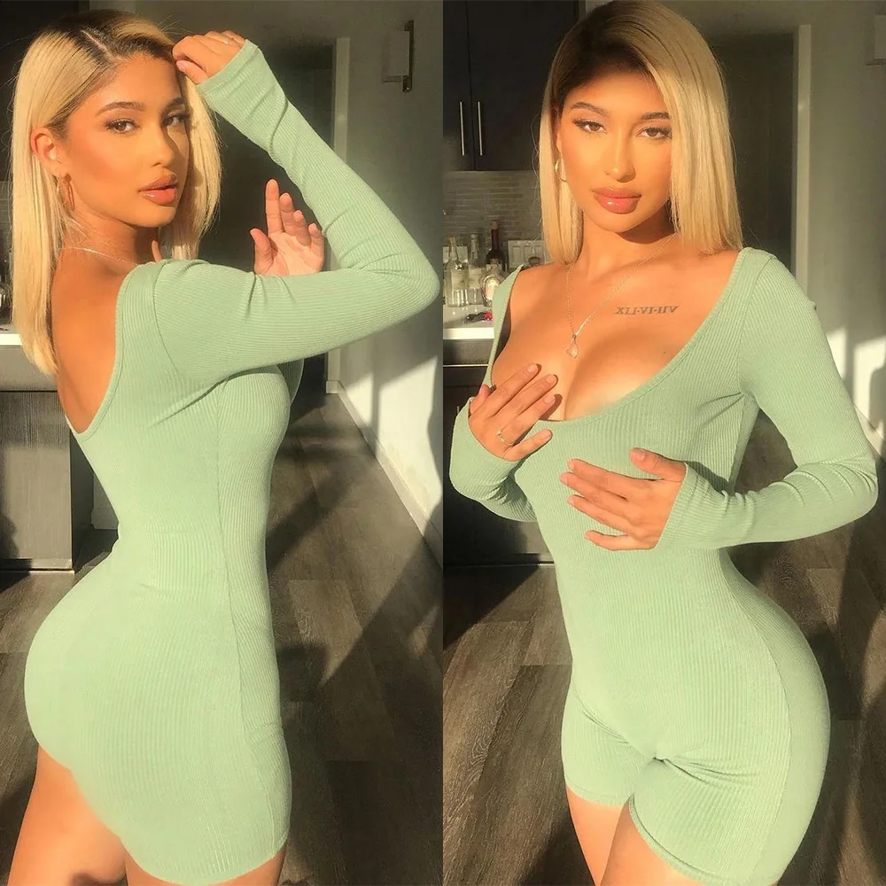 

BKLD 2024 Fall New Sexy Slim Backless Square Neck Long Sleeve Ladies Playsuits Solid Color Green Rompers Womens Jumpsuit