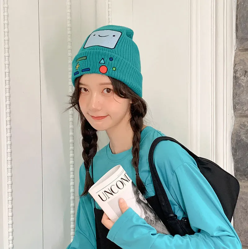 Topi rajut wanita kartun imut musim dingin Beanie Lolita Hottie permainan anak laki-laki gaya Kawaii BMO kehangatan topi wol topi dingin tersenyum