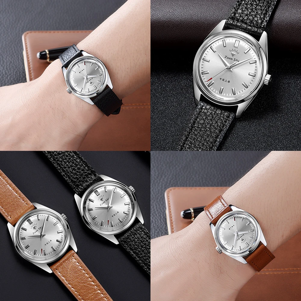 Vintage Shanghai Watch Men DIAMOND Hand Wind Mechanical Wristwatches 34mm Retro Dress Watches Dome Mineral Glass Classic Clocks