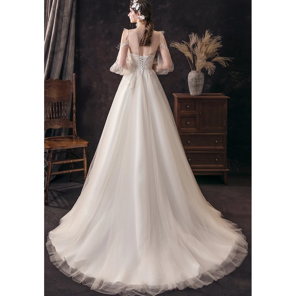 Robe de mariée trapèze en Tulle, avec traîne, manches longues, perles