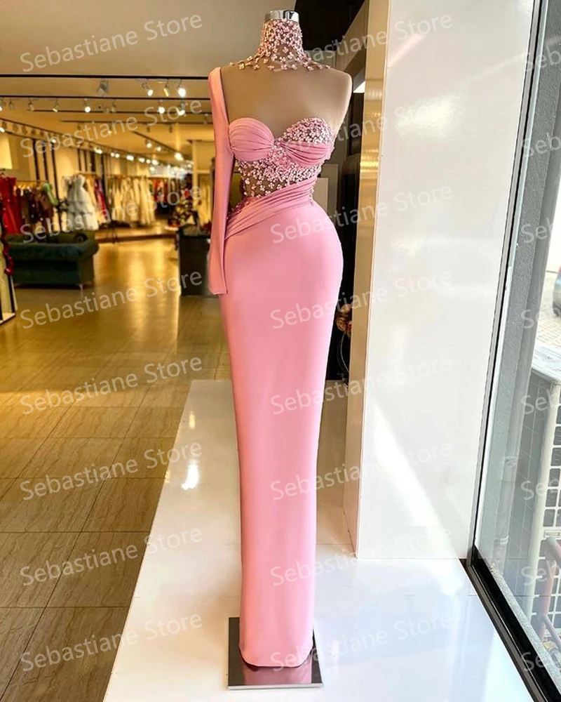 Rosa Sexy Elegante Meerjungfrau Abendkleider High Neck Einzigen Langen Ärmeln Blumen Kristalle Frauen Prom Pageant Kleider Nach Maß