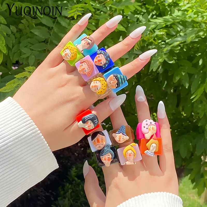 Multiple Styles Face Punk Rings for Teen Girls Fashion Jewelry Minimalist Colorful Black Resin Vintage Cute Ring for Women Gifts