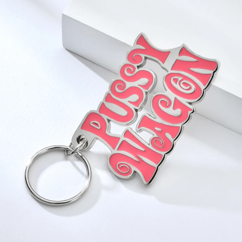 Fashion  Zinc Alloy PUSSY WAGON Keychain Pink Letter Key Chain For Woman Bag Cool Keyring For Man Keyfob Holder Accessories Gift