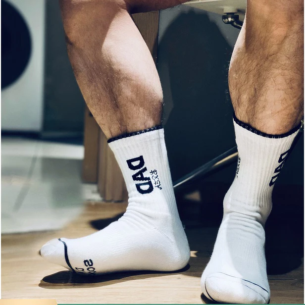 1pair Fashion White Unique Design Dad words Socks Sexy Gay Men Nylon Sports Long Tube Football Socks Comfortable