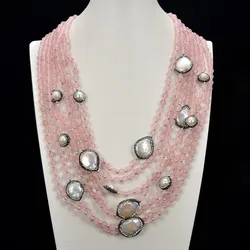 GuaiGuai Jewelry Natural Pearl 7 Strands White Coin Keshi Pearl Pink Rose Quartz CZ Necklace For Women