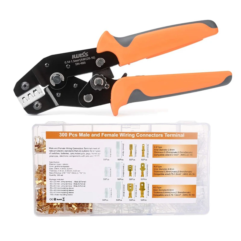 

SN-48B Iwiss crimping tool 600pcs 4.8/5.08 plug terminal crimper pliers kit 26-16AWG wire 0.5-1.5mm² alicate hand tool krimptang