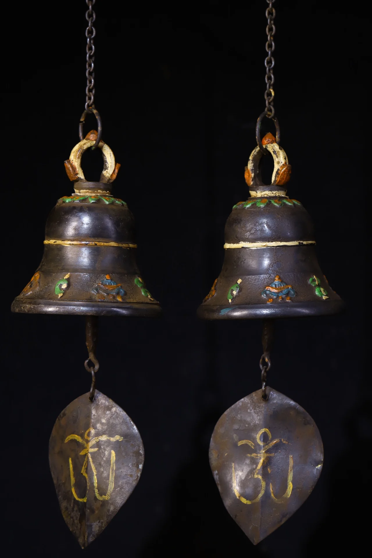 Tibetan Temple Collection Old Bronze Painted Bells Eight Treasures Old Wind Chime Ringing Bell A pair Pendant Amulet Exorcism