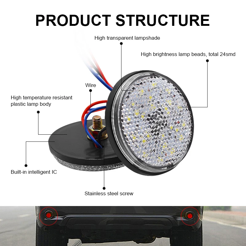 EURS White Yellow Red 24 SMD Car Round Tail Lights Turn Singal Light Lamp ATV LED Reflectors Truck Side Warning Light Bulbs 12V