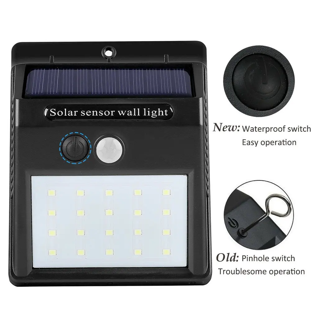 Impermeável PIR Motion Sensor Street Light, Lâmpada solar ao ar livre, Luz solar alimentada, Decoração do jardim, 20 LED, 30 LED