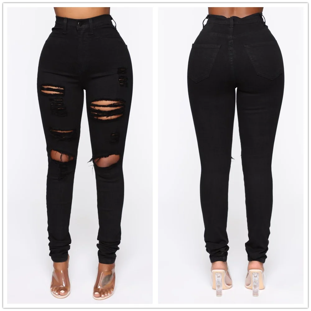 Jean déchiré noir pour femmes mode taille haute Denim crayon pantalon commandé Slim Skinny fjXS-XL Global Dstresssunshine 2020