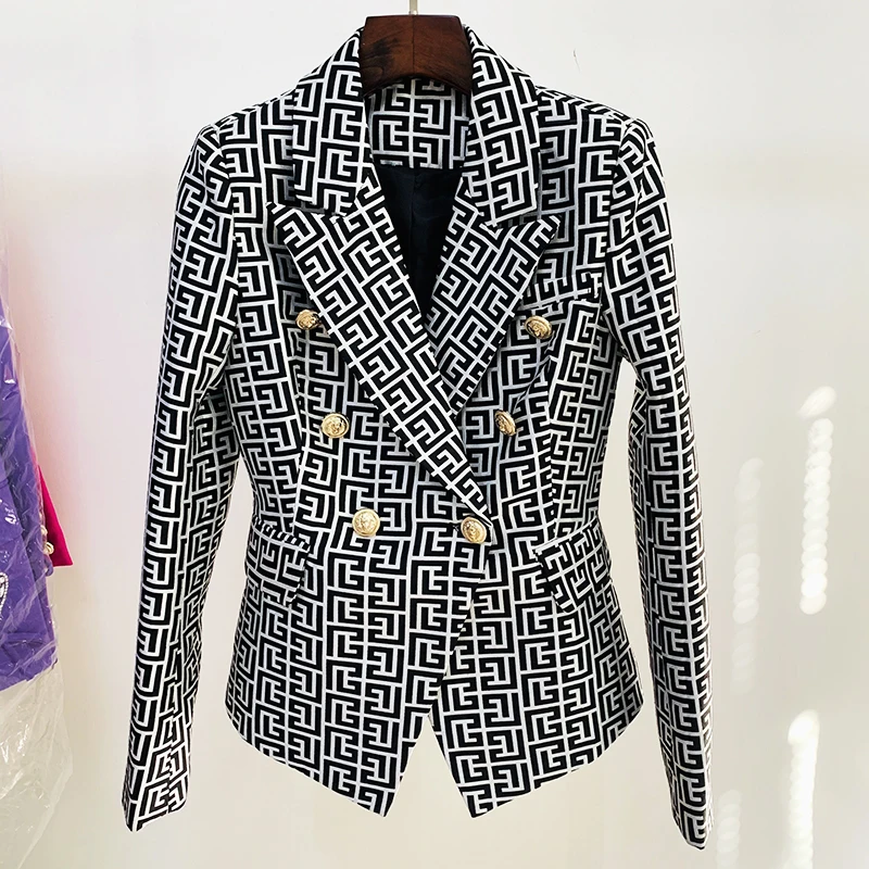 HIGH QUALITY New Fashion 2024 Designer Jacket Women\'s Slim Fit Double Breasted Lion Buttons Stylish Geometrical Jacquard Blazer