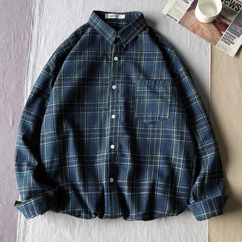 Men's Breathable Lattice Comfortable Slim Couples Korean Version Shirt Button Color Matching Small Fresh Lapel Long Sleeve Tops