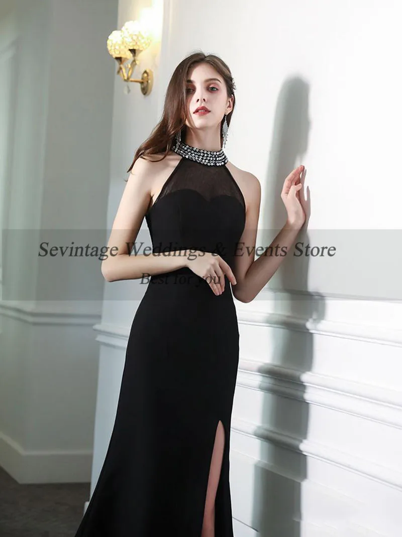 Sevintage Halter Mermaid Schwarz Promi Kleid Transparent Tüll Perlen Zurück Prom Kleid Slit Side Abendkleider Formale Kleid 2020