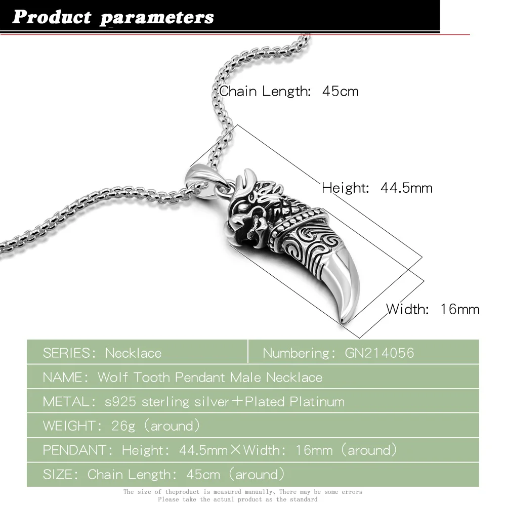 Retro 925 Sterling Silver Male Pendant Necklaces Punk Fashion Brave Men Wolf Tooth Spike Pendant Necklace for Men