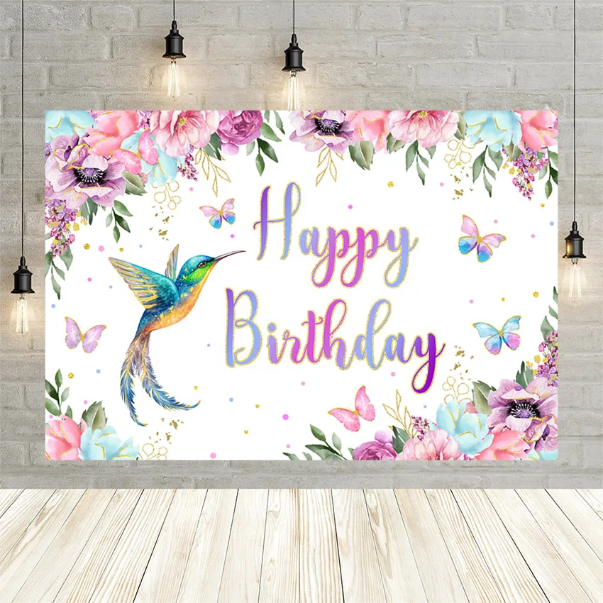 

Mehofond Happy Birthday Party Backdrop Safari Flamingo Butterfly Floral Photography Background Personalized Photo Studio Banner