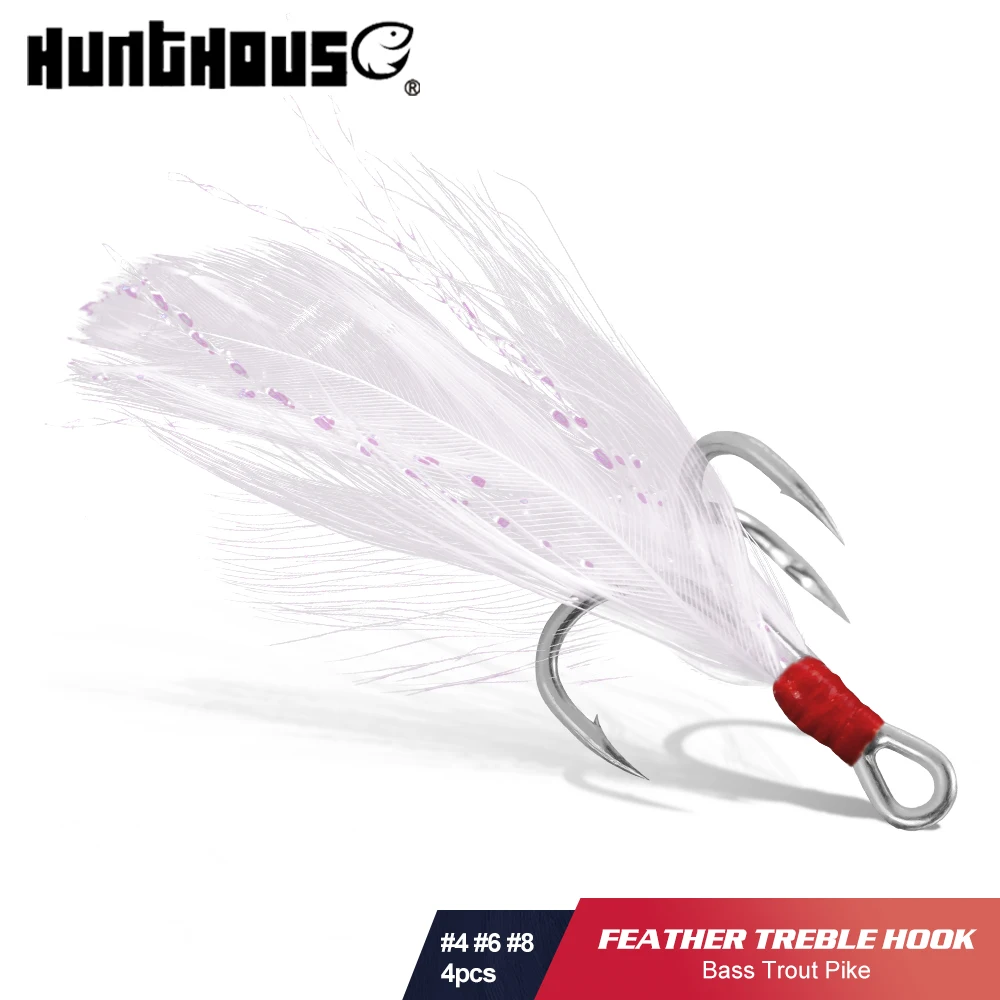 

Hunthouse 3X Strong Fishing Treble Hook 4# 6# 8# 4pcs/lot Three Anchor Hooks With Feathers High Steel Carbon For Hard Lure Tool