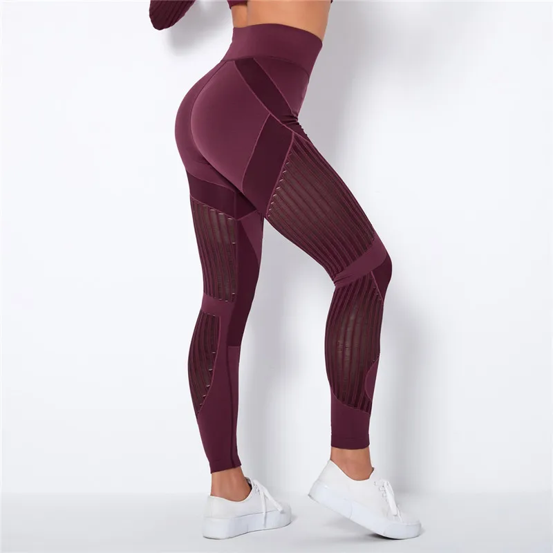 Rooftrellen 20%Spandex Hollow Mesh Leggings Women Seamless Knitted Leggings High Waist Stripe Pants Slim Push Up Fitness Leggins