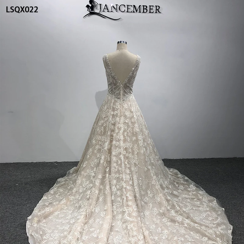 LSQX022 2021 wedding dress v neck pearls sleeveless blackless lace with glitters a line wedding dress vestido noiva  champanhe