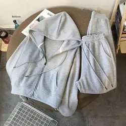 2PCS Women Casual Sport Outfits Fitness Tracksuit Running Cardigan Solid Loose Jogging Hoodie Sportswear Gym Set Workout Suit