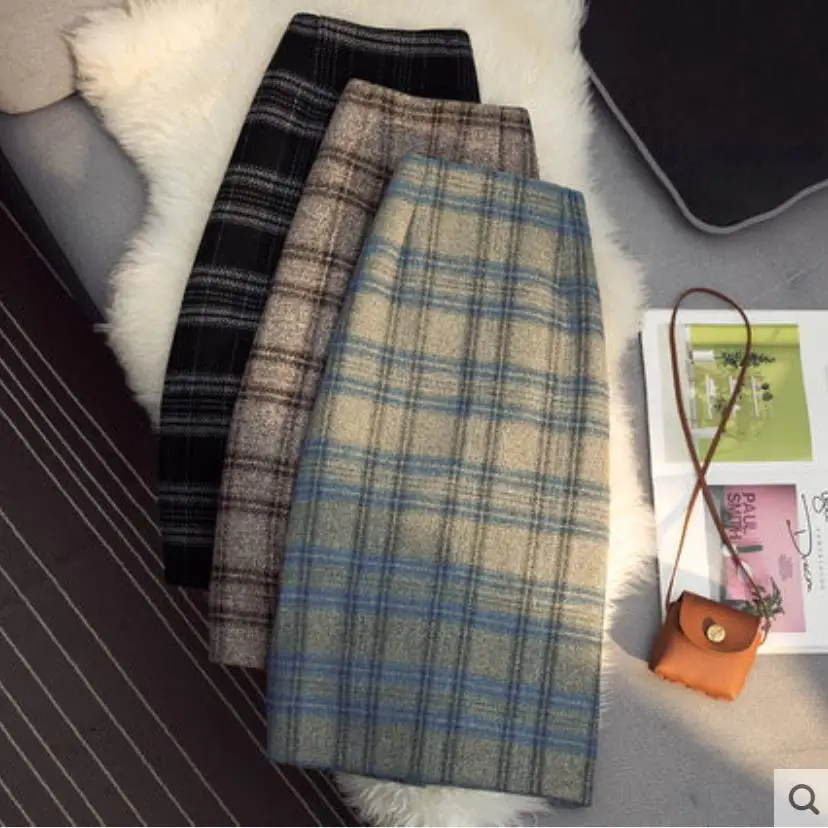 Woolen Plaid Skirts Women Knee Length autumn winter warm High Waist Skirts England