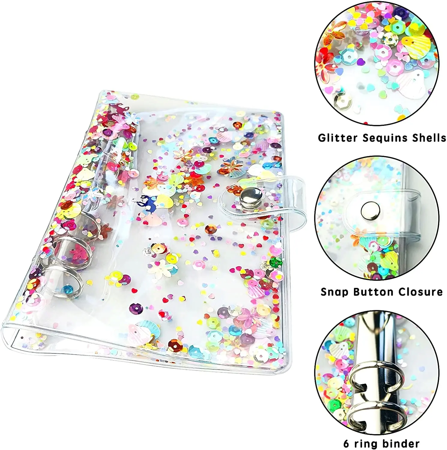 15 Pieces A6 Budget Binder Glitter Cover Cash Envelopes with 12Pcs 6 Hole Clear PVC Loose Leaf Bags ,Sticker Labels, A Ruler