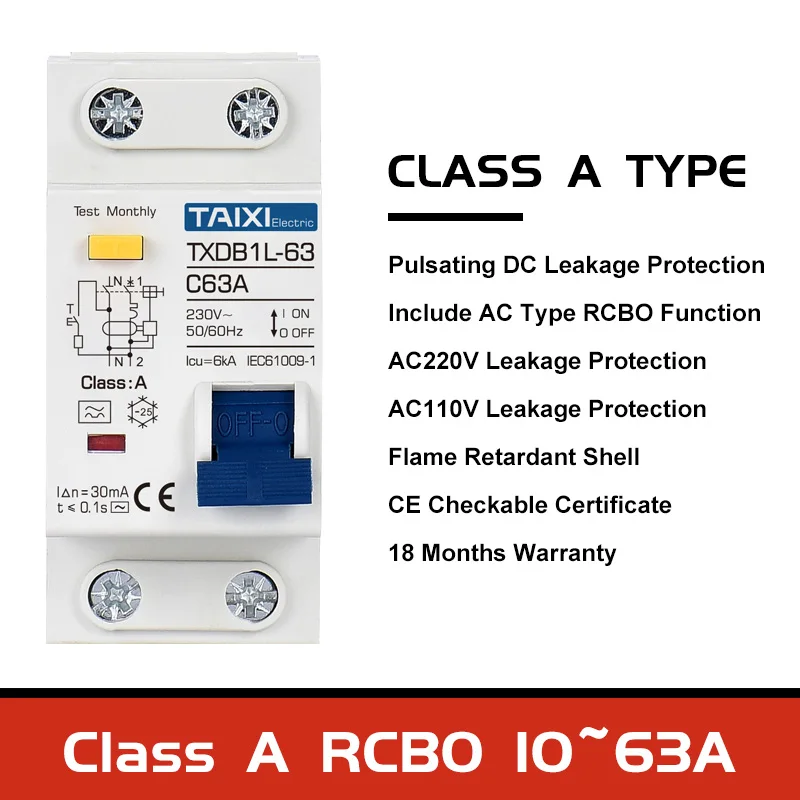 Type A  AC CLASS Rcbo 110V 220V RCCB 10A 20A 40A 50A 63A 30mA Residual Current Circuit Breaker Leakage WIth Overload Protection