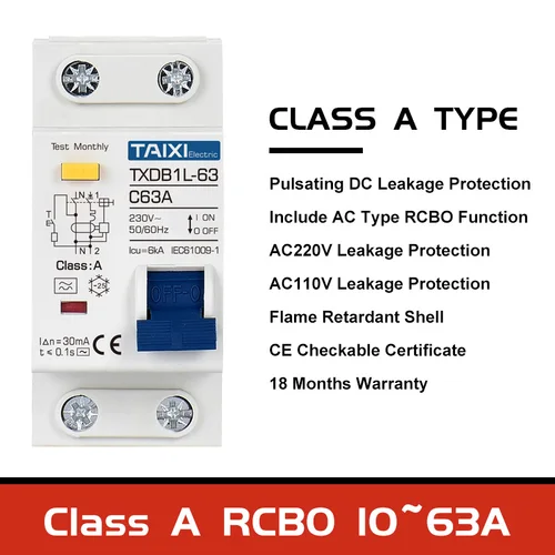Imagen 2 del producto Tipo A AC clase Rcbo 110V 220V RCCB 10A 20A 40A 50A 63A 30mA disyuntor de corriente Residual fuga con protección contra sobrecarga