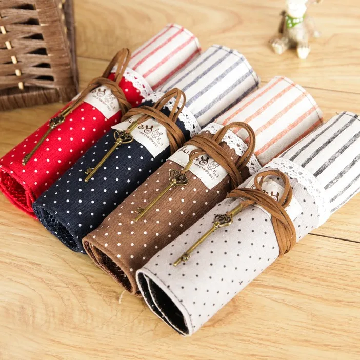 free shipping Fashion shutter pencil case canvas student pencil stationery box fresh cloth vintage 4 color