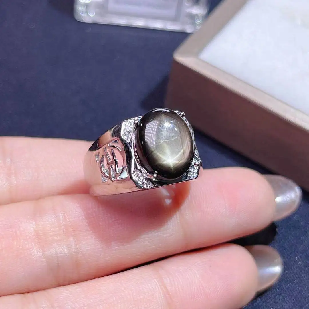 big size masculine ring black Star Sapphire gemstone ring for men 925 sterling silver men birthday gift souvenir love man gift