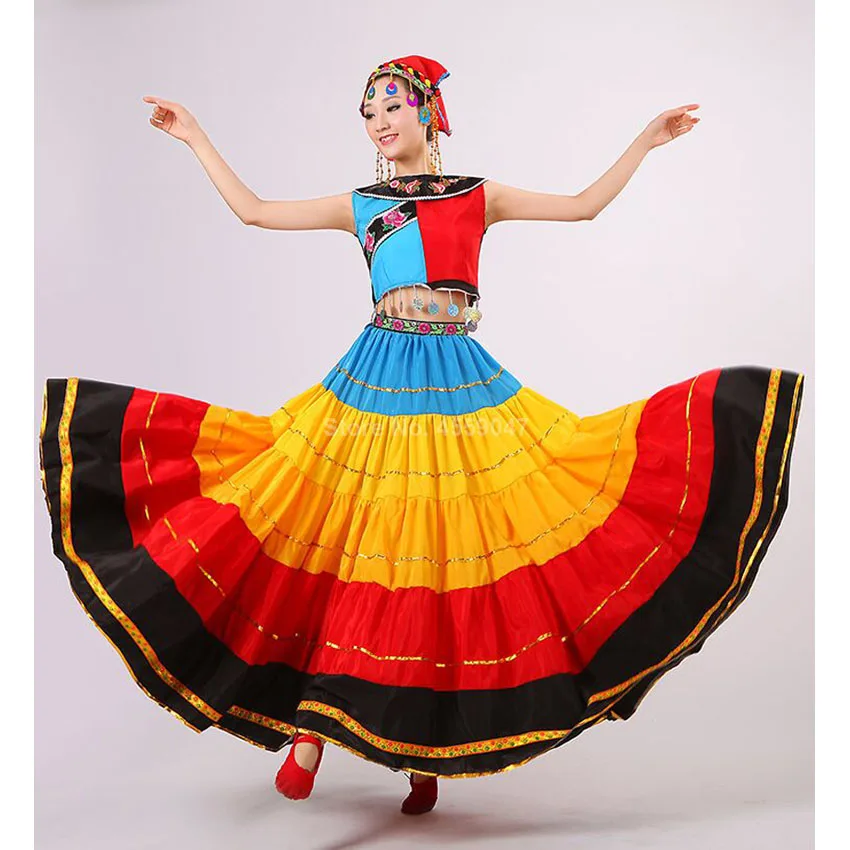 Patchwork Rainbow Color Flamenco Skirt for Women Gypsy Girls Big Swing Spanish Toreo Belly Dancing Costumes Performance