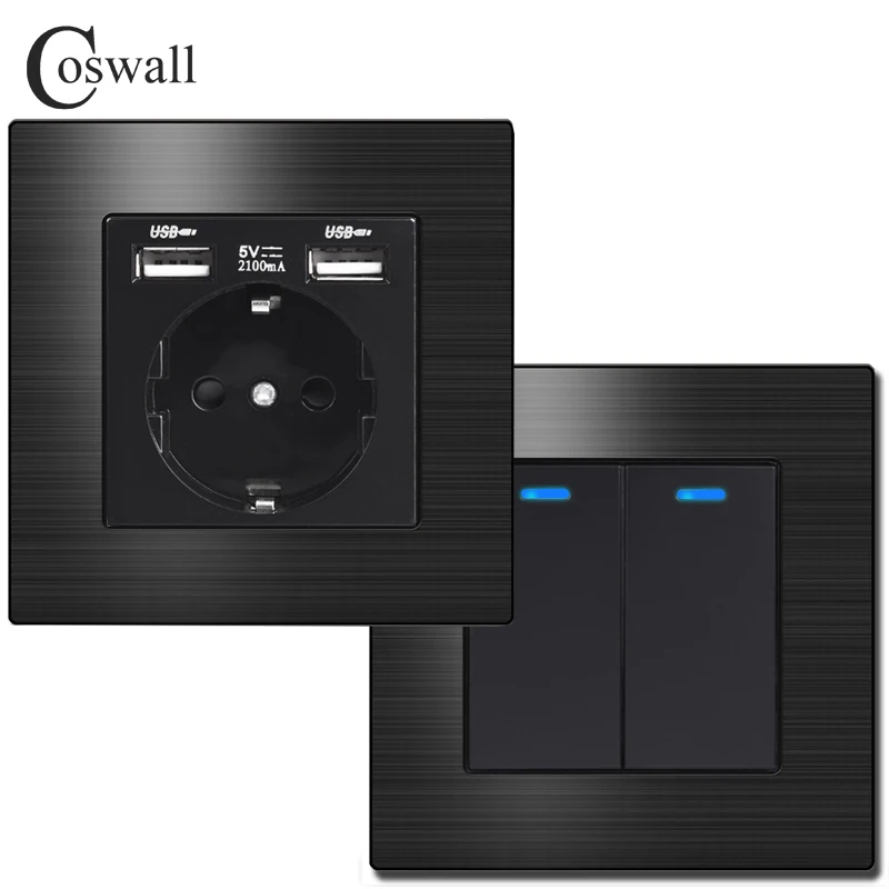 COSWALL L1 Series Black Brushed Aluminum Panel Wall Switch EU French Socket HDMI-compatible USB Charger TV RJ45 Modules DIY