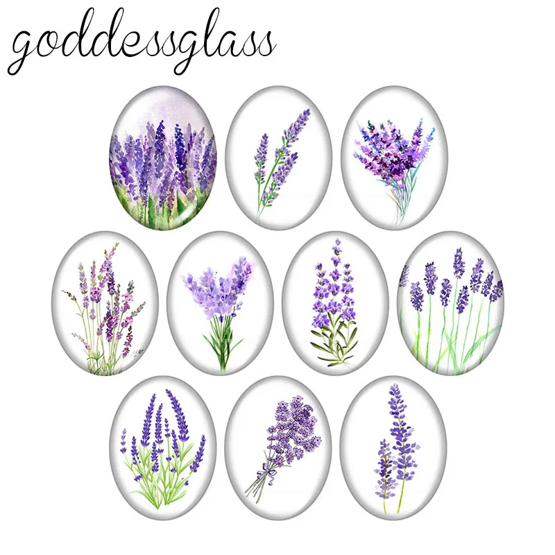 Flowers lavender daisy Dandelion Lotus 10pcs 13x18mm/18x25mm/30x40mm Oval photo glass cabochon demo flat back Making findings