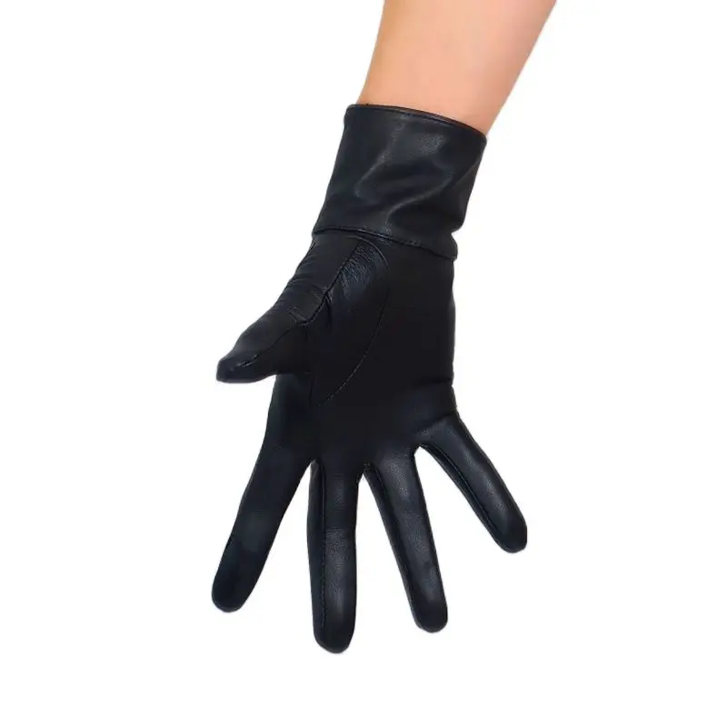 Women's Touch Screen Leather Gloves 25cm Pure Sheepskin Black Backless Hollow Button Slim Fit Real Leather Handwear WZP42