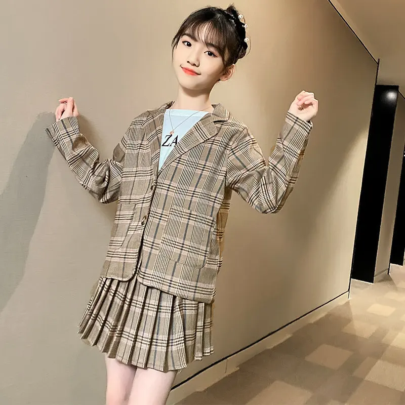 Girls Clothing Suit For Formal Party Blazer And Skirt Set Fashion Spring Children Cotton Linen Plaid Outfits 4 5 7 9 11 12 13Yrs