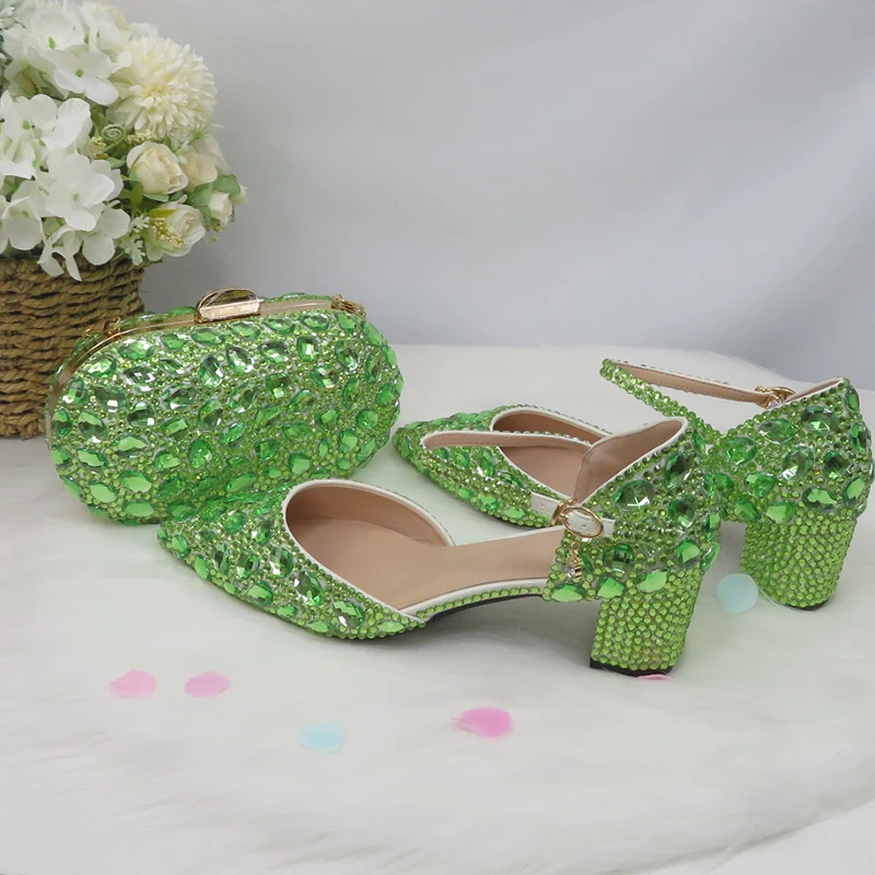 BaoYaFang Light Green Crystal Sandals Women\'s wedding shoes with matching bag Bride Pointed toe Thick Heel Buckle Sandals woman