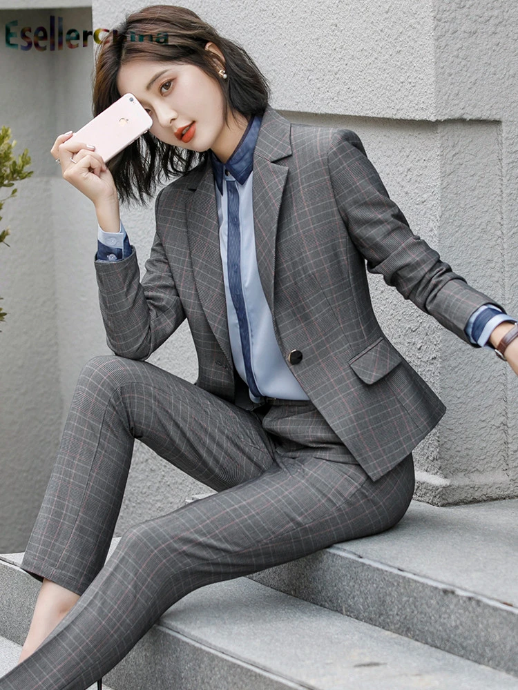 High Quality Fabric Elegant Paid Formal Women Pantsuits Professional Office Ladies Work Wear Trousers Set Blazers OL Styles