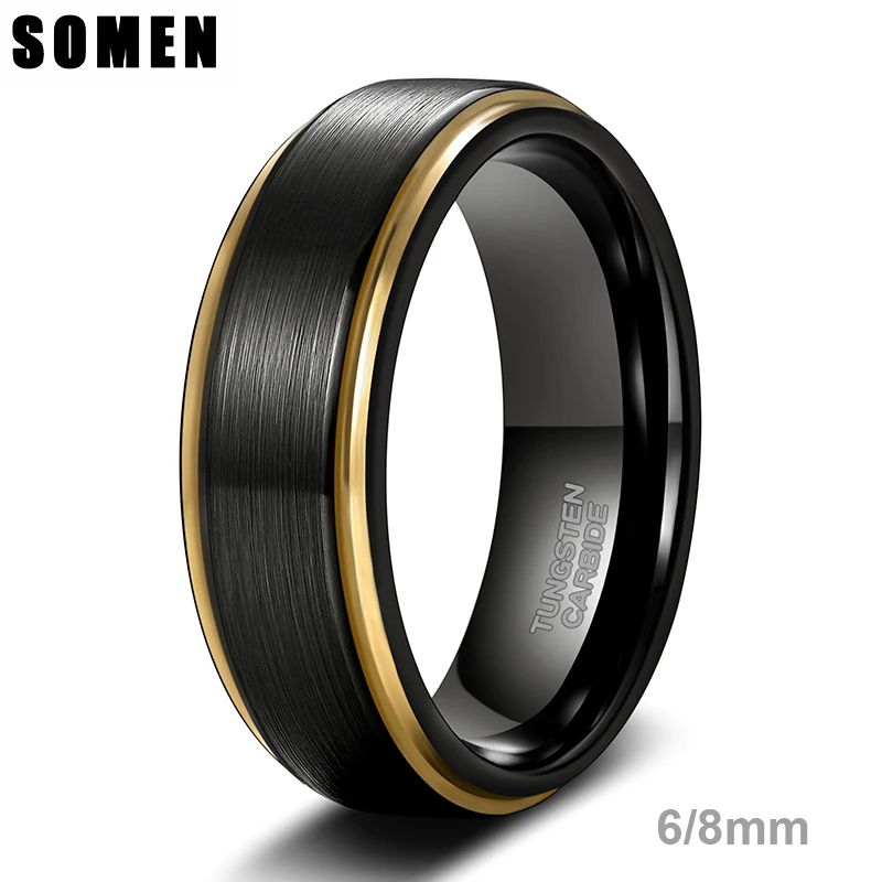 Somen Men Brushed Tungsten Black Ring With Gold Color Edge 6/8mm Unisex Women Men Wedding Band for Couple