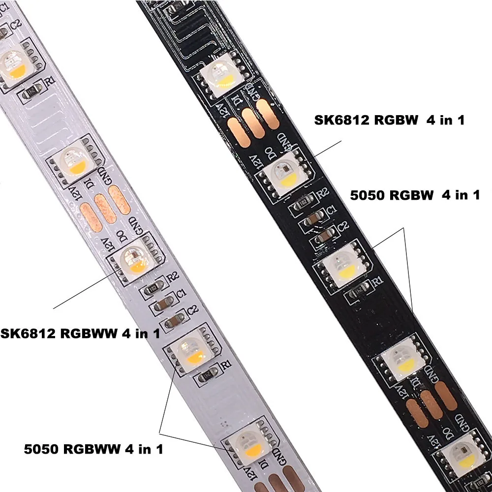 Imagem -03 - Rgbw Rgbww Led Strip Light em Unidade ic 3leds 6leds 5m 60 Leds Preto Branco Pcb Ip30 65 67 dc 12v 5m Sk6812