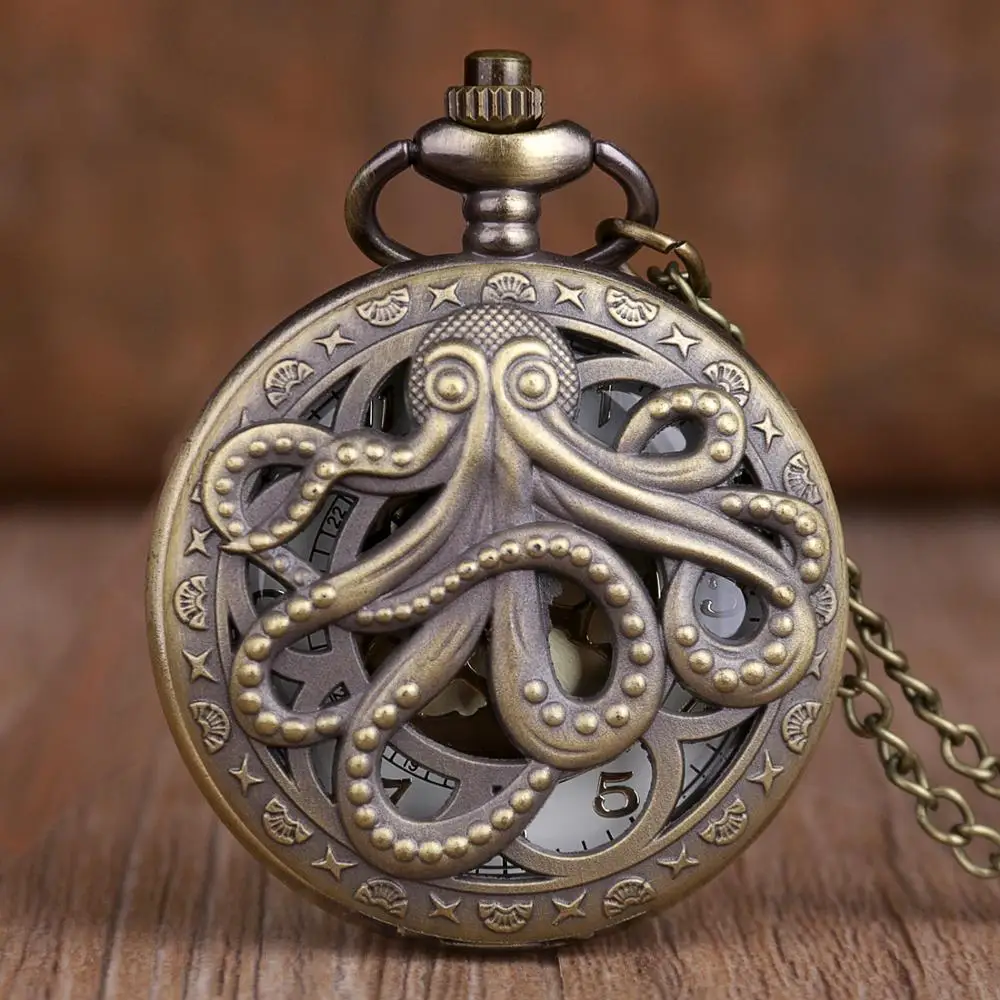 Antique Bronze Black Octopus Hollow Cover Quartz Pocket Watch Necklace Pendant Fob Clock Souvenir Gifts for Men Wome