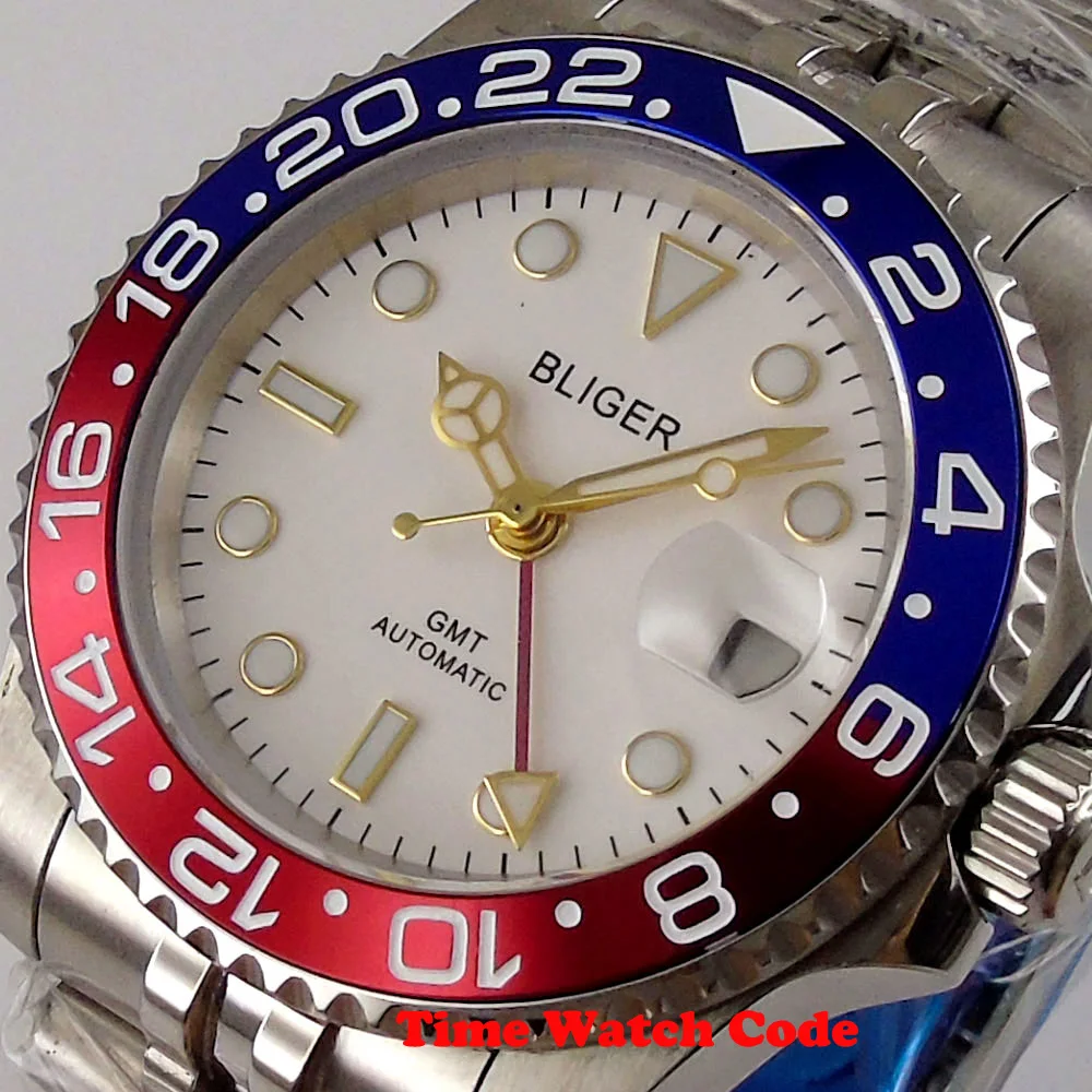 BLIGER 40mm Mechanical blue GMT Men's Wristwatch White dial Date display sapphire glass solid ceramic bezel 3804 movement