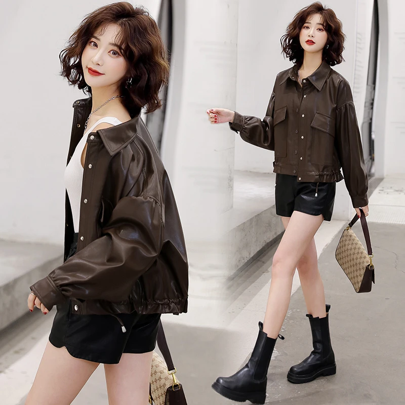 New Spring Women Faux Leather Jacket Biker Coat Turndown Collar PU Motorcycle Jackets Loose Streetwear Ogirl uterwear Autumn