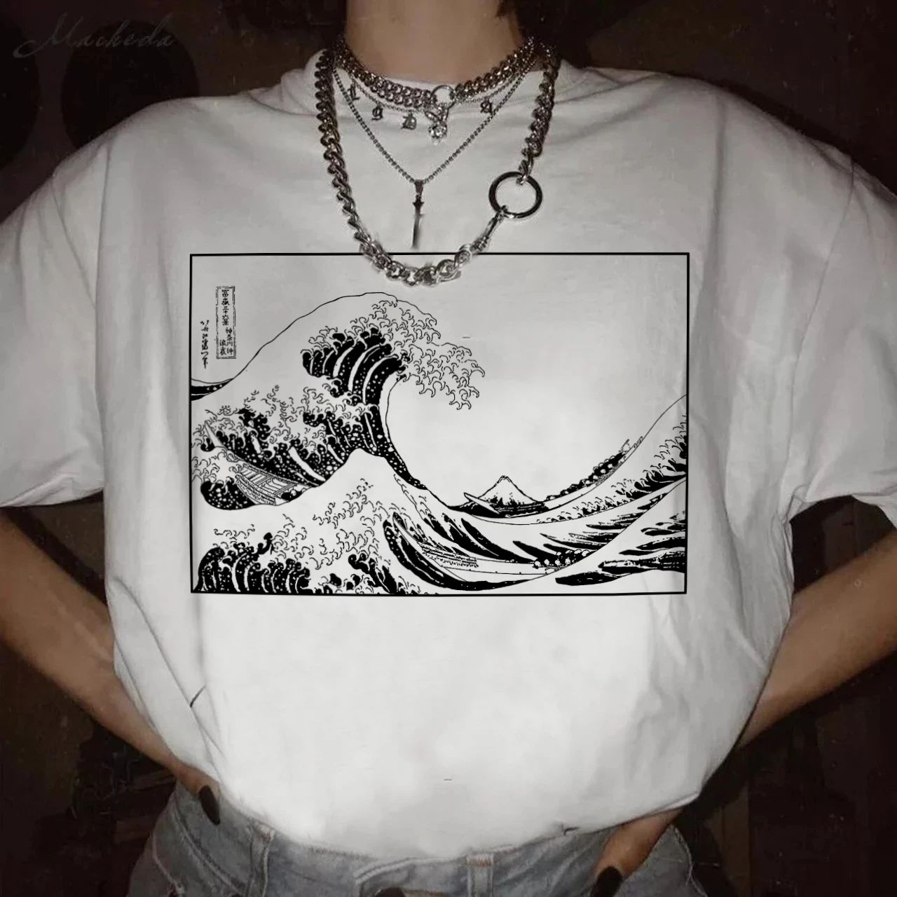 Dreamchase-JF The Great Wave Printed Japanese Style Kanagawa Printing Tees Women Short Sleeve Cotton Fashion Tees