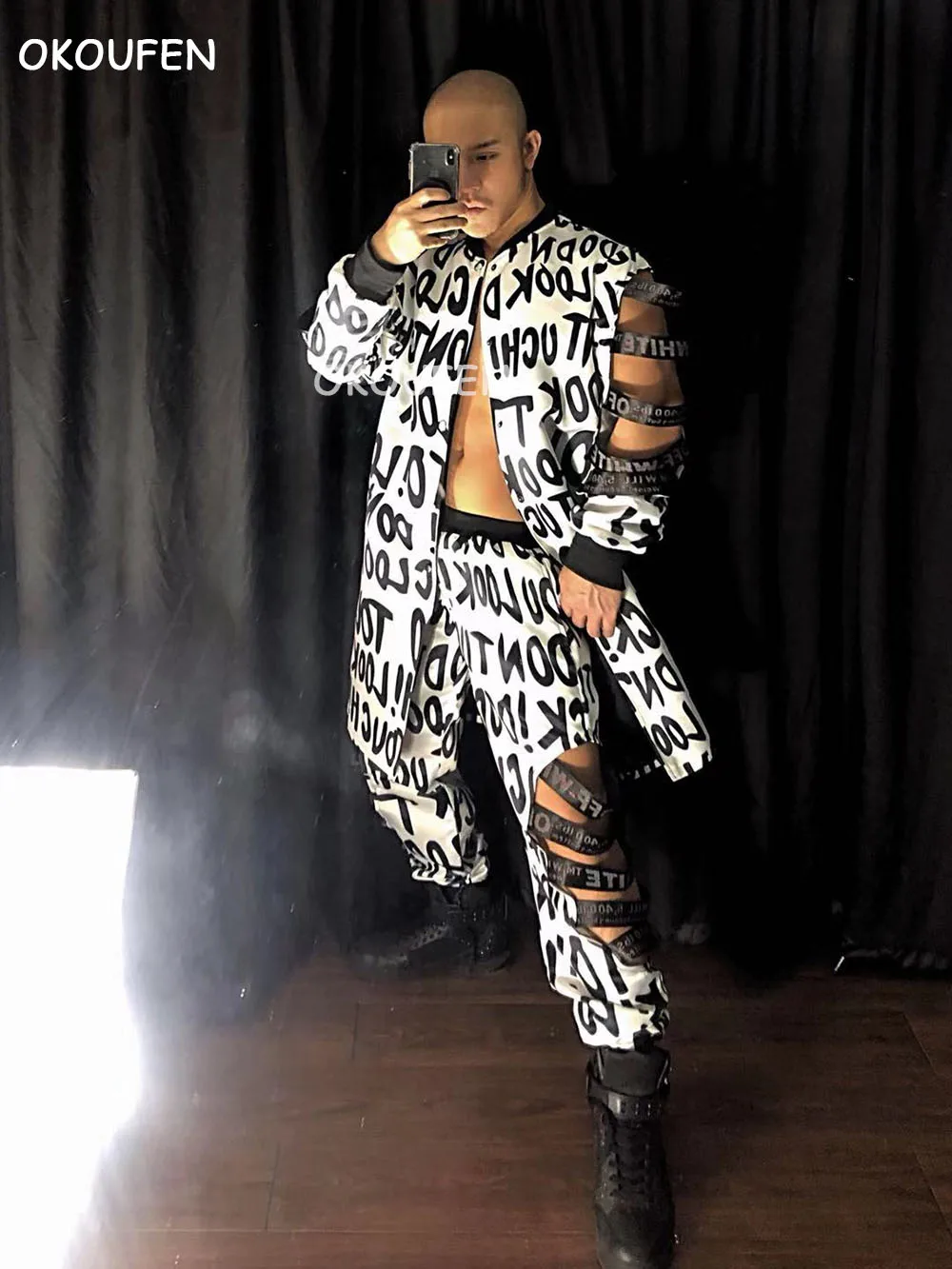 Nightclub male singer DJ hollow letters party costumes hip-hop dancer rock DS Graffiti letter printed jacekt pants set