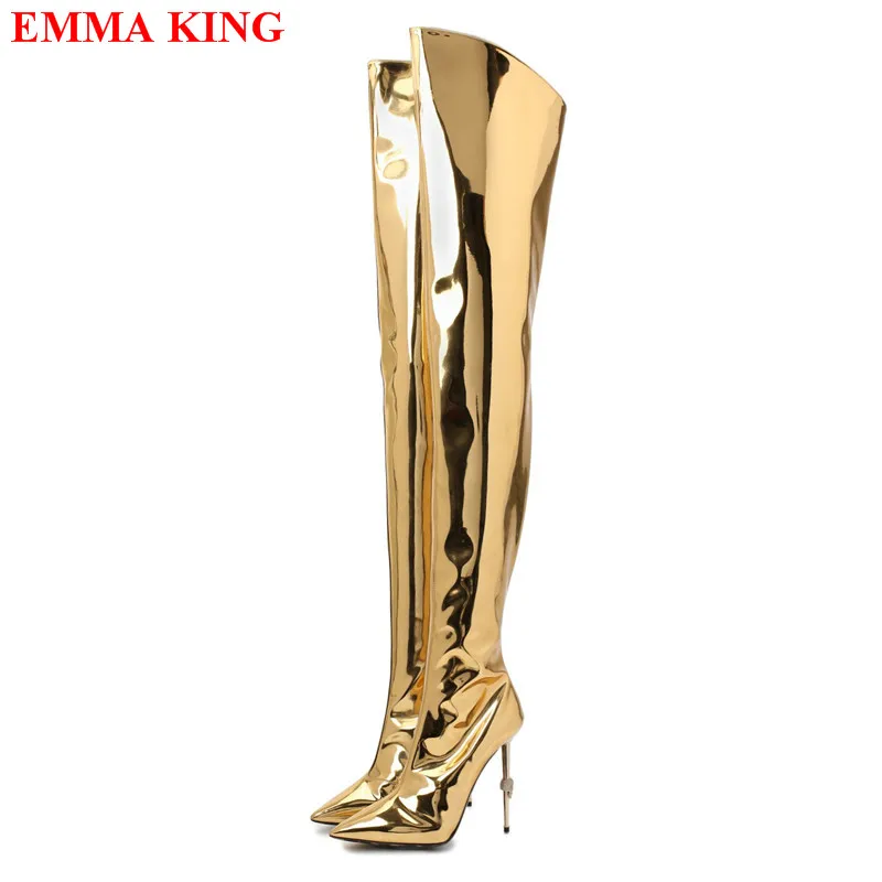 Fashion Gold Metallic Patent Leather Thigh High Boots Runway Pointed Toe High Heels Over The Knee Boots Design Long Knight Boots