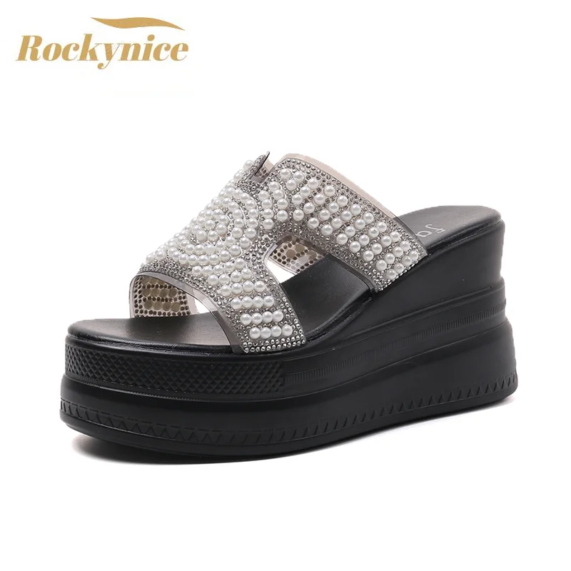 Women's Summer Chunky Slipper 2021 High Heel Sandals Flip Flops Thick-Bottom Pearl Slippers Wedges Platform Beach Slides Zapatos