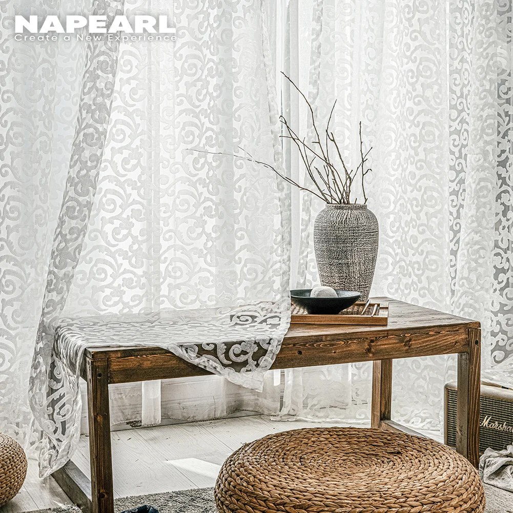 NAPEARL Estilo Europeo Diseño Jacquard Decoración del Hogar Cortina Moderna Telas de Tul Organza Panel Transparente Tratamiento de Ventana Blanco