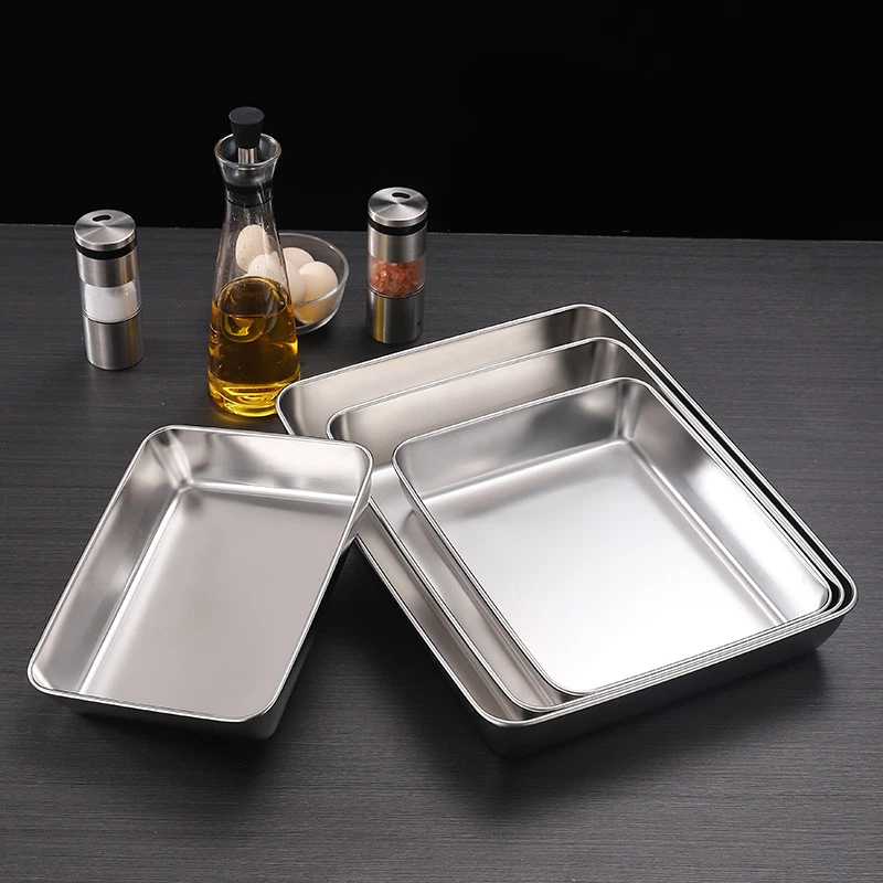 Stainless Steel Rectangular Food Storage Tray Baking Pans Deep Plates Container Kitchen Organizer