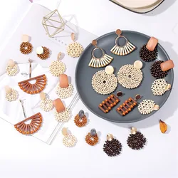YAOLOGE 23 Style New Fashion Korean Wooden Handmade Geometric Wood Round Square Bamboo Rattan Knit Drop Earrings For Women 2022