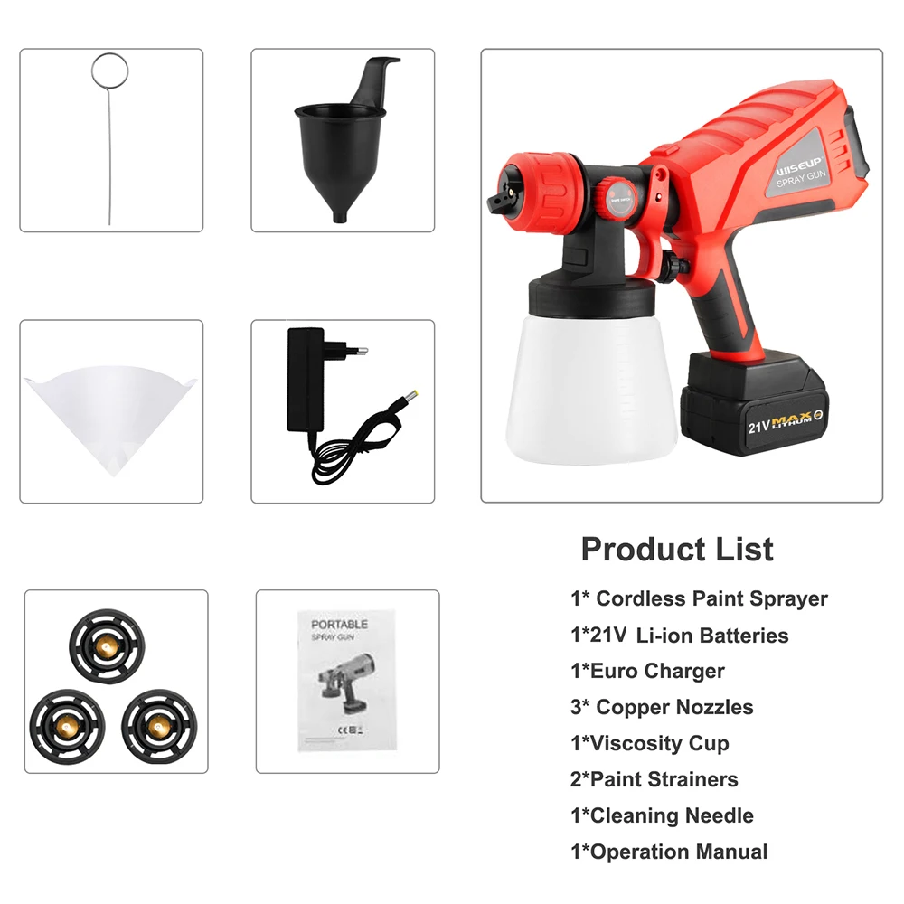WISEUP 21V Cordless Battery Spray Gun HVLP Electric Paint Sprayer 1000ml High Capacity Airbrush With 3 Nozzle Sizes Flow Control